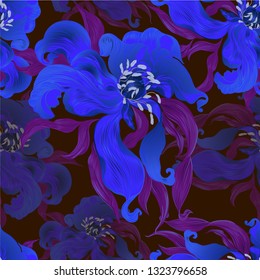 Vector. Fantasy flowers - decorative composition. Flowers with long petals. Wallpaper. Seamless patterns Use printed materials, patterns for fabrics, posters, cards, packaging.