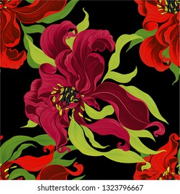 Vector. Fantasy flowers - decorative composition. Flowers with long petals. Wallpaper. Seamless patterns Use printed materials, patterns for fabrics, posters, cards, packaging.