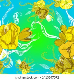 Vector. Fantasy flowers - decorative composition. Flowers with long petals. Wallpaper. Seamless patterns Use printed materials, patterns for fabrics, posters, cards, packaging.