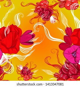 Vector. Fantasy flowers - decorative composition. Flowers with long petals. Wallpaper. Seamless patterns Use printed materials, patterns for fabrics, posters, cards, packaging.