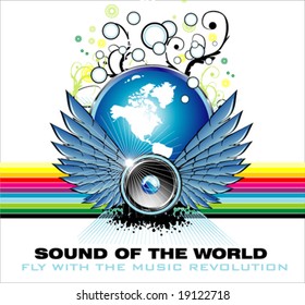 VECTOR Fantasy flying Speaker with globe and rainbow background