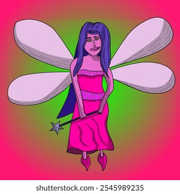 Vector fantasy hand drawn illustration of a fairy. A fairy with wings and a magic wand in her hands. A purple fairy with blue hair. A magic wand with a star on the end. Fantasy, magical, hand drawing