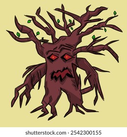 Vector fantasy illustration of angry tree. Walking angry tree with eyes and mouth. A few leaves on the branches and a nest with a small bird. Fantasy tree nature hand drawn character, cartoon.