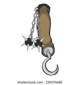 Vector fantasy illustration of a black and tan flail medieval arm brace weapon with a hook attached to it.