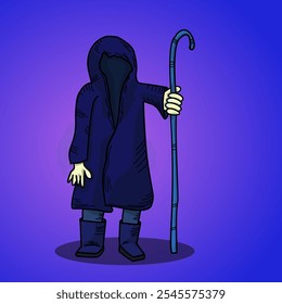 Vector ilustración de fantasía de un personaje envuelto en una capucha larga con una capucha y un bastón en la mano. Misterioso personaje, hechicero, mago. Fantasía, personaje, misterioso, peregrino.