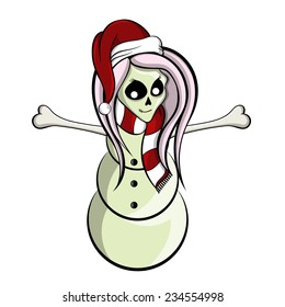 Vector fantasy illustration of a cute zombie skull snowman wearing a santa hat scarf standing and raising her bony arms with joy.