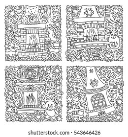 Vector fantasy illustration. Fairy tale house, fire place,stocking for Christmas, fir tree. Hand drawn sketch snowflakes. T-shirt print,card. Coloring book page for adults, children. Black and white