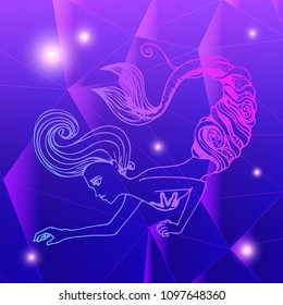 Vector fantasy illustration of a gradient outline mermaid on the poligonal violet background.