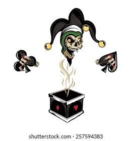 Vector fantasy illustration of a joker vampire zombie skull wearing a clown hat with three gold bells popping out of a magic poker chimney box holding card suits of a heart, diamond, spade and club.