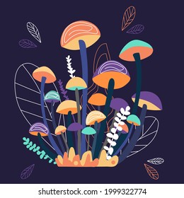 Vector fantasy illustration. Magic, fantasy, fairy forest scene. Orange, violet, blue mushrooms and outline white elements. Hand drawn leaves, foral, elements.
