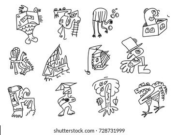 The vector fantasy illustration of the many fantastic creatures made like the hieroglyphs