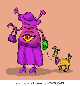 Vector fantasy illustration. A Martian with a hat and a purse. A Martian with an eye on her belly. Martian, alien, fantasy, space, sci-fi. Hand drawing. An alien woman walks a dog