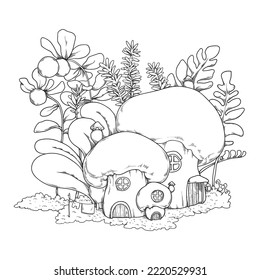 Vector fantasy illustration with mushroom houses in grass. Coloring page with little fairy-tale forest town.