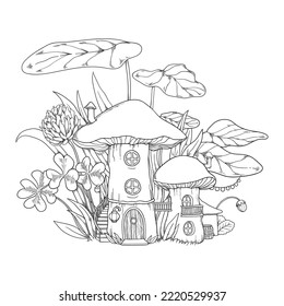 Vector fantasy illustration with mushroom houses in grass. Coloring page with little fairy-tale forest town.