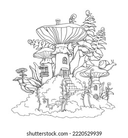 Vector fantasy illustration with mushroom houses in grass. Coloring page with little fairy-tale forest town.