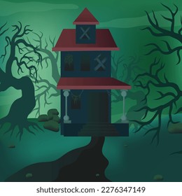 Vector fantasy illustration of a mystical vintage house with boarded windows and cobwebs among shadows, fog and spooky trees. The atmosphere of fear, horror and the October holiday Day of the Dead