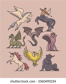 Vector fantasy illustration. Outline icon set. Pegasus, centaur, dragon, basilisk, sphinx, unicorn, phoenix, minotaur