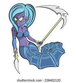 A vector fantasy illustration of a purple and blue aqua zombie seahorse mermaid woman wearing a arm brace holding a unique dagger and scythe hunting for sea creatures.