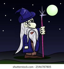 Vector fantasy illustration. Wizard with pointy hat, staff and long cloak standing under night sky with stars and moon. wizard, mage, hat, magical, fantasy.