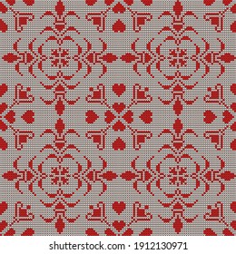 Patrón de flores y corazones de punto de fantasía vectorial. Patrón rojo sobre un fondo blanco. Para la decoración, el diseño.
