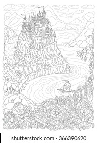 Vector fantasy landscape. Fantasy castle on the hill. Mountain, forest, rose garden, lily flowers.Coloring book page for children and adults. Black and white colors