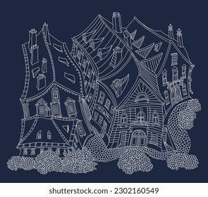 Vector fantasy landscape, fairy tale small town medieval buildings. White contour line on a dark blue background