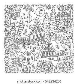 Vector fantasy landscape. Fairy tale old medieval town, house, fir trees.  Hand drawn sketch snowflakes. T-shirt print. Coloring book page for adults and children. Black and white.New Year card