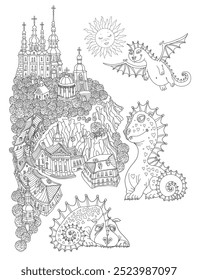 Vector fantasy landscape, hand drawn town, fairy tale dragons. Adults and Children Coloring Book page 