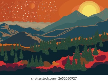 Paisagem de fantasia vetorial com montanhas em camadas, céu laranja brilhante, floresta de pinheiros e terreno de lava. Ideal para jogos, pôsteres, ficção científica ou projetos de design surreais.