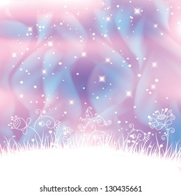 Vector fantasy landscape with polar lights forming blue swirls and magic flowers background.