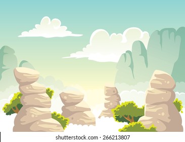 vector fantasy landscape with rocks clouds and trees