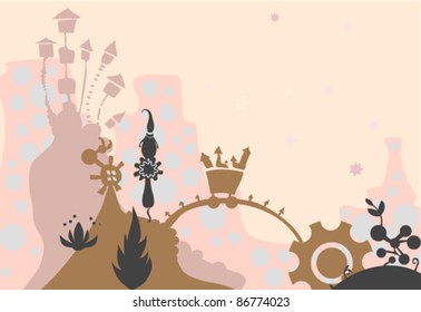 Vector fantasy  landscape silhouette with bridge, plants and mountains