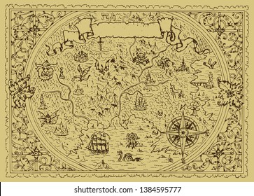 Vector fantasy map with baroque decorative frame and mythology creatures. Hand drawn graphic illustration, old transportation background in vintage style