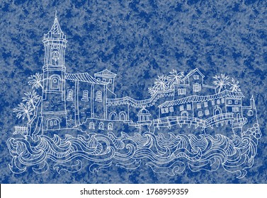 Vector fantasy Mediterranean landscape with sea waves, medieval European town castle, fairy tale buildings. Hand drawn white doodle sketch on a blue watercolor backdrop.Tee shirt print, brochure cover