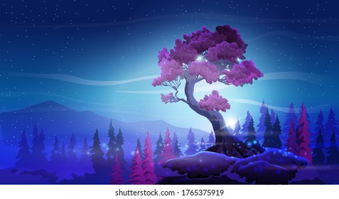 Vector fantasy night landscape with with a beautiful curved tree, mountains and tree on a starry sky background. Burgundy foliage and nightly fabulous colors