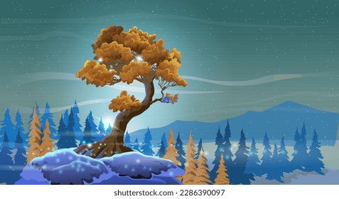 Vector fantasy night landscape with with a beautiful curved tree, mountains and tree on a starry sky background.Orange foliage and nightly fabulous colors