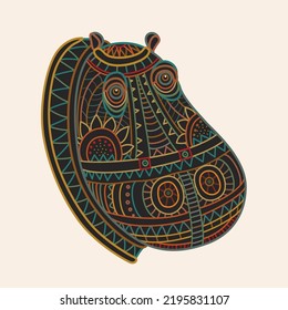 Vector fantasy ornate African hippopotamus head black silhouette. Hand drawn colored doodle sketch on a beige background