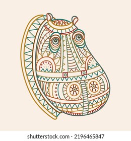 Vector fantasy ornate African hippopotamus head. Hand drawn colored doodle sketch on a beige background. Coloring book page