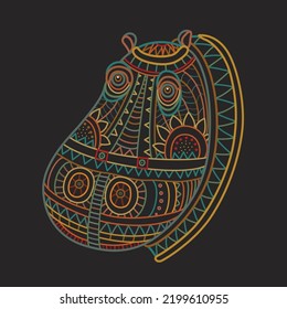 Vector fantasy ornate African hippopotamus head. Hand drawn colored doodle sketch on a black background