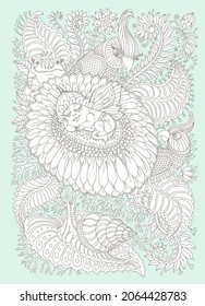 Vector fantasy pixie baby with butterfly wings, chamomile flower, tropical foliage, Indian parrots, fairy tale fairy frog, snail on leaf. Adults coloring book page. Brown contour doodle sketch 