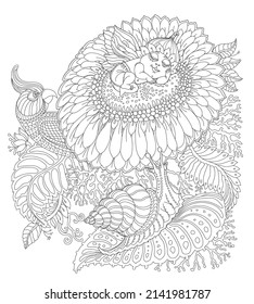 Vector Fantasy Pixie Baby With Butterfly Wings, Chamomile Flower, Tropical Leaves, Foliage, Fairy Tale Parrot, Snail. Black And White Adults And Children Coloring Book Page