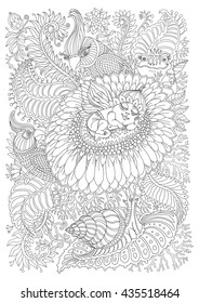 Vector fantasy pixie baby with butterfly wings, fantastic chamomile flower, tropical leaves, foliage.Black and white. Stylized Indian parrot, fairy frog, snail.T-shirt print. Adults coloring book page