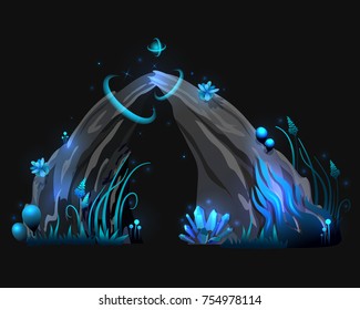 Vector fantasy rock, stone with grass, minerals, gems in game style. Design for video game