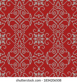 Vector, fantasía sin fisuras de fondo blanco y rojo de punto con corazones, flores, elementos étnicos.