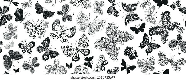 Vector fantasy seamless monochrome pattern with many lace black butterflies on the transparent background.