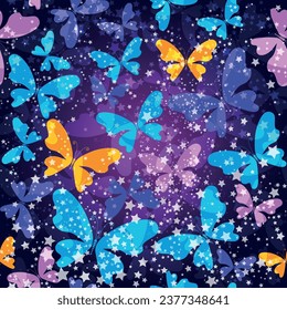 Vector fantasy seamless pattern with butterflies on the gradient background of the starry sky. 