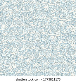 Fantasía vectorial sin fisuras paisaje marino con olas oceánicas. Esbozo de doodle azul turquesa dibujado a mano sobre fondo beige. Papel de paredes náuticas, papel textil de seda, papel envasado