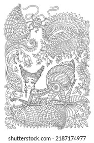 Vector fantasy snail woman silhouette, spider monster, blooming garden. Black and  white Adults coloring book page