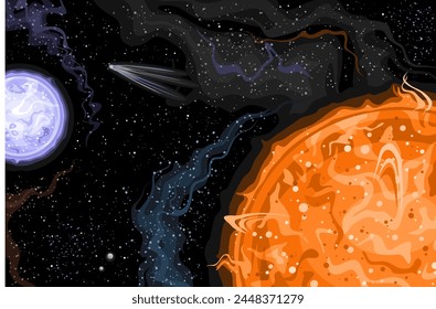 Vector Fantasy Space Card, horizontal astronomical poster with illustration of futuristic binary star system and flying comet in deep space, decorative cosmo print with black starry space background
