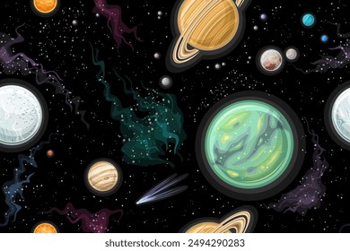 Vektorgrafik Fantasy Space Card, Horizontales astronomisches Poster mit Cartoon-Design Planeten des Sonnensystems, galaktisches Raum nahtloses Muster, dekoratives futuristisches Kosmo-Thema mit Sternenraum Hintergrund